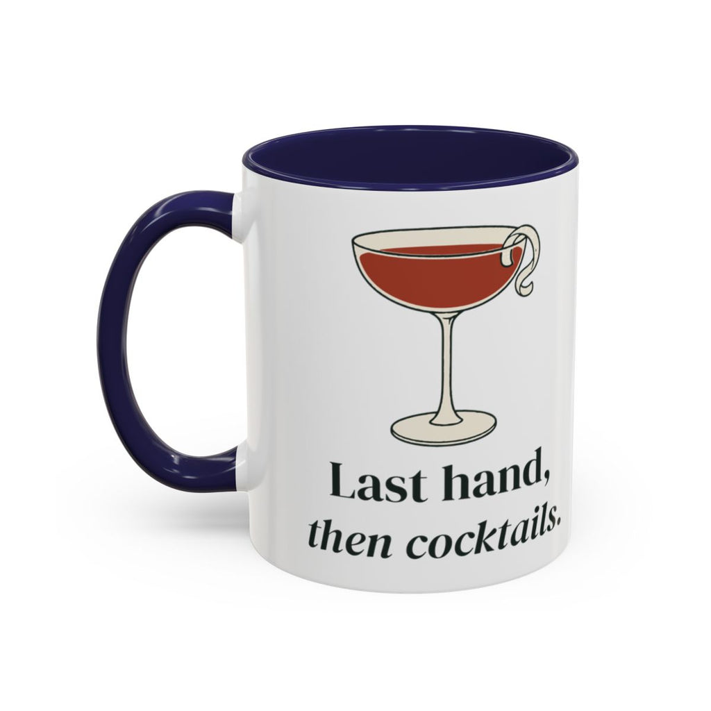 Last Hand, Then Cocktails Mug in Navy, left side