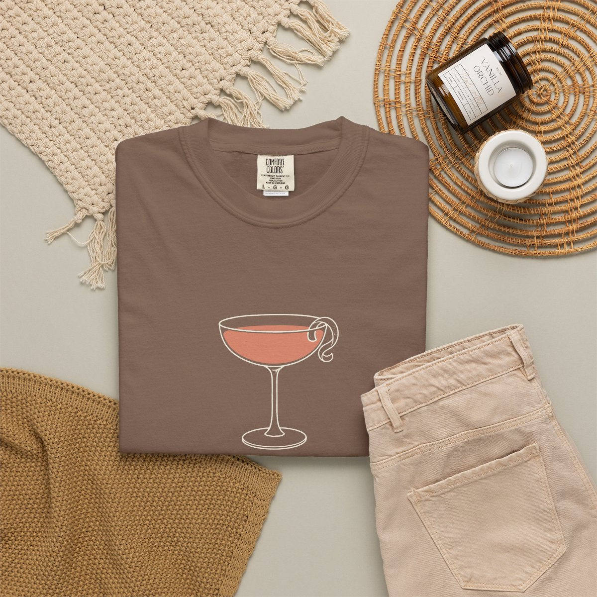 Last Hand, Then Cocktails Tee in Espresso, fabric and print detail