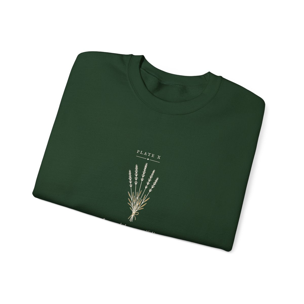 Lavender Plate Crewneck in Forest Green, folded