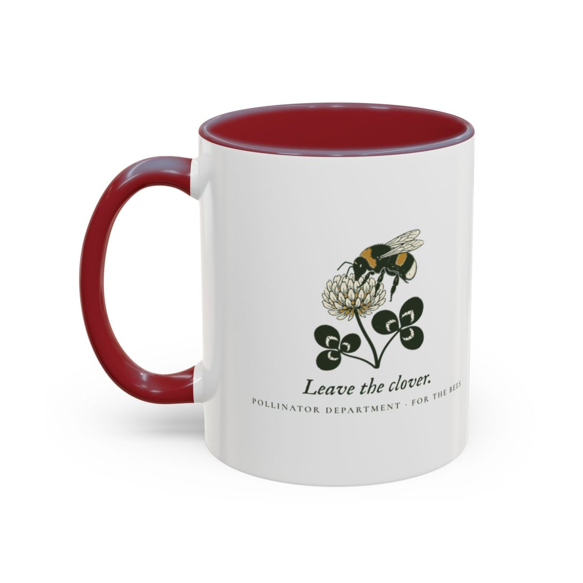 Leave the Clover Mug in Maroon, left side