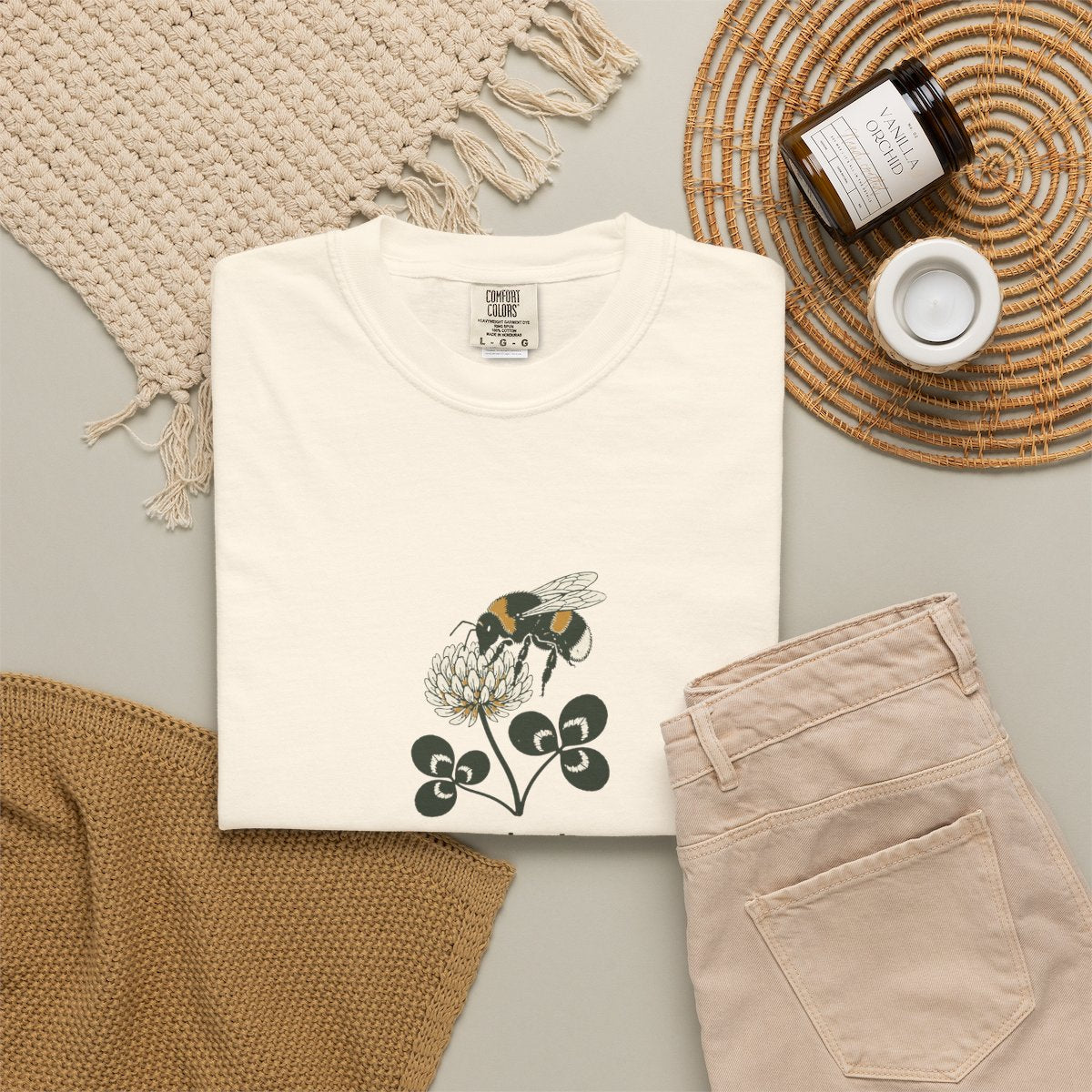 Leave the Clover Tee in Ivory, fabric and print detail
