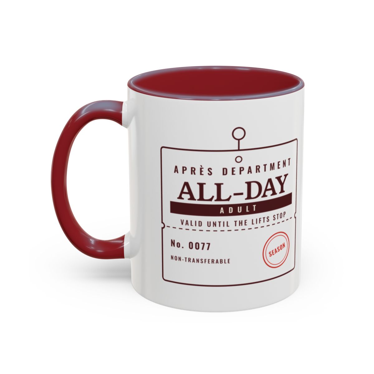Lift Ticket Mug in Maroon, left side