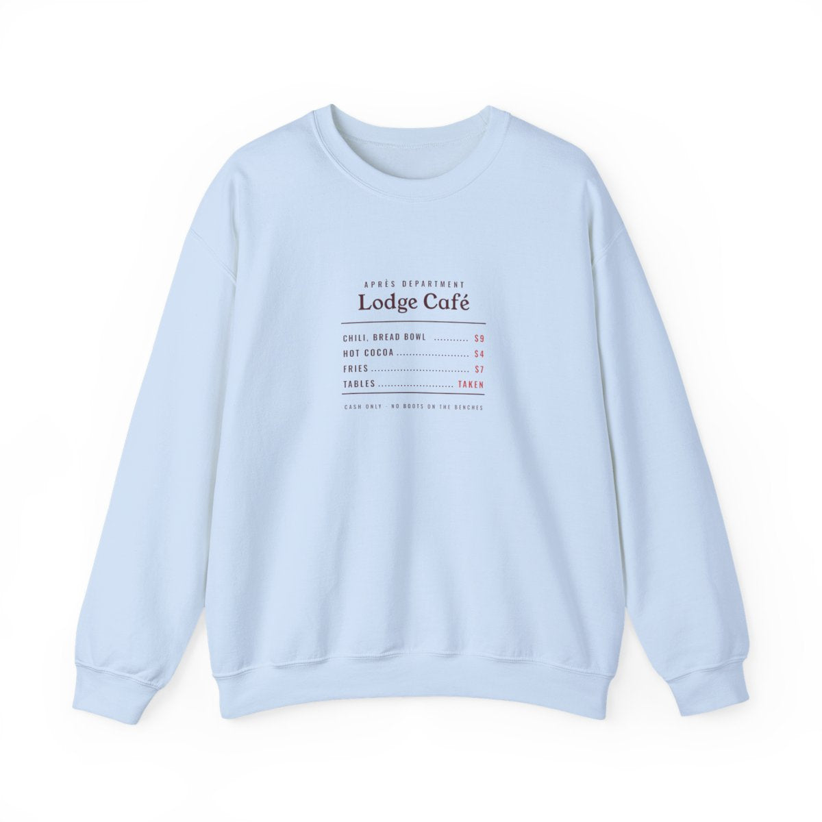 Lodge Café Crewneck in Light Blue, front view