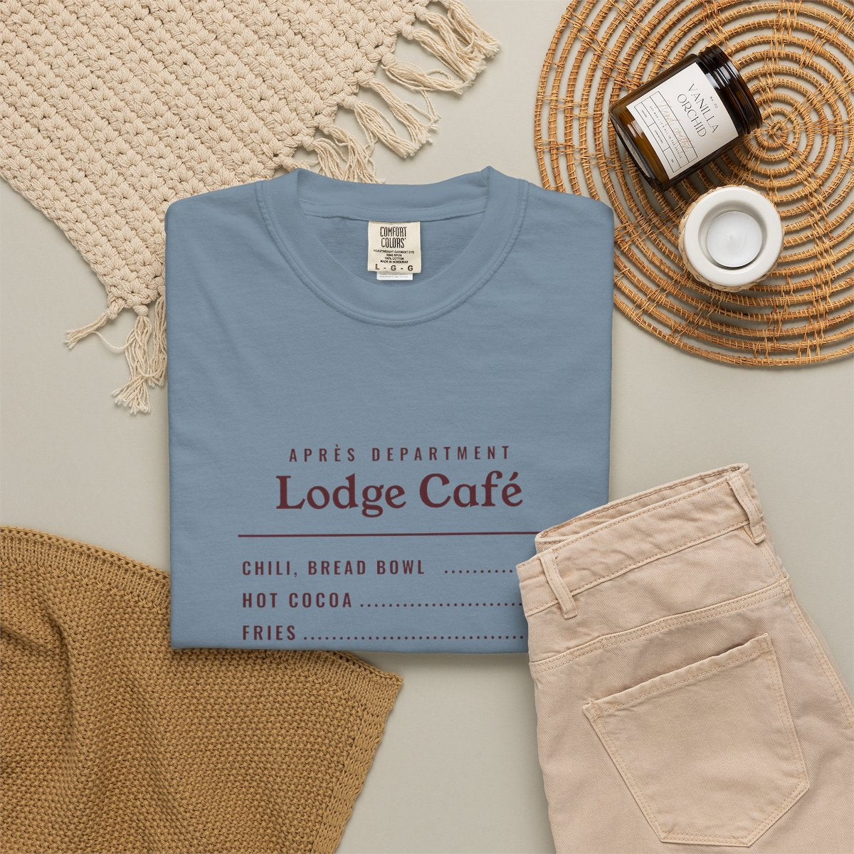 Lodge Café Tee in Ice Blue, fabric and print detail