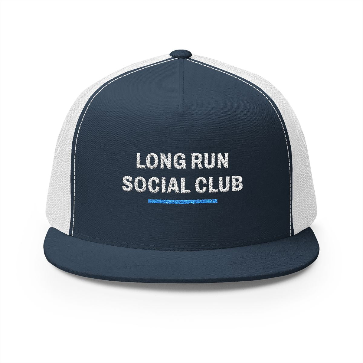 Long Run Social Club Trucker Cap in Navy/White, front view