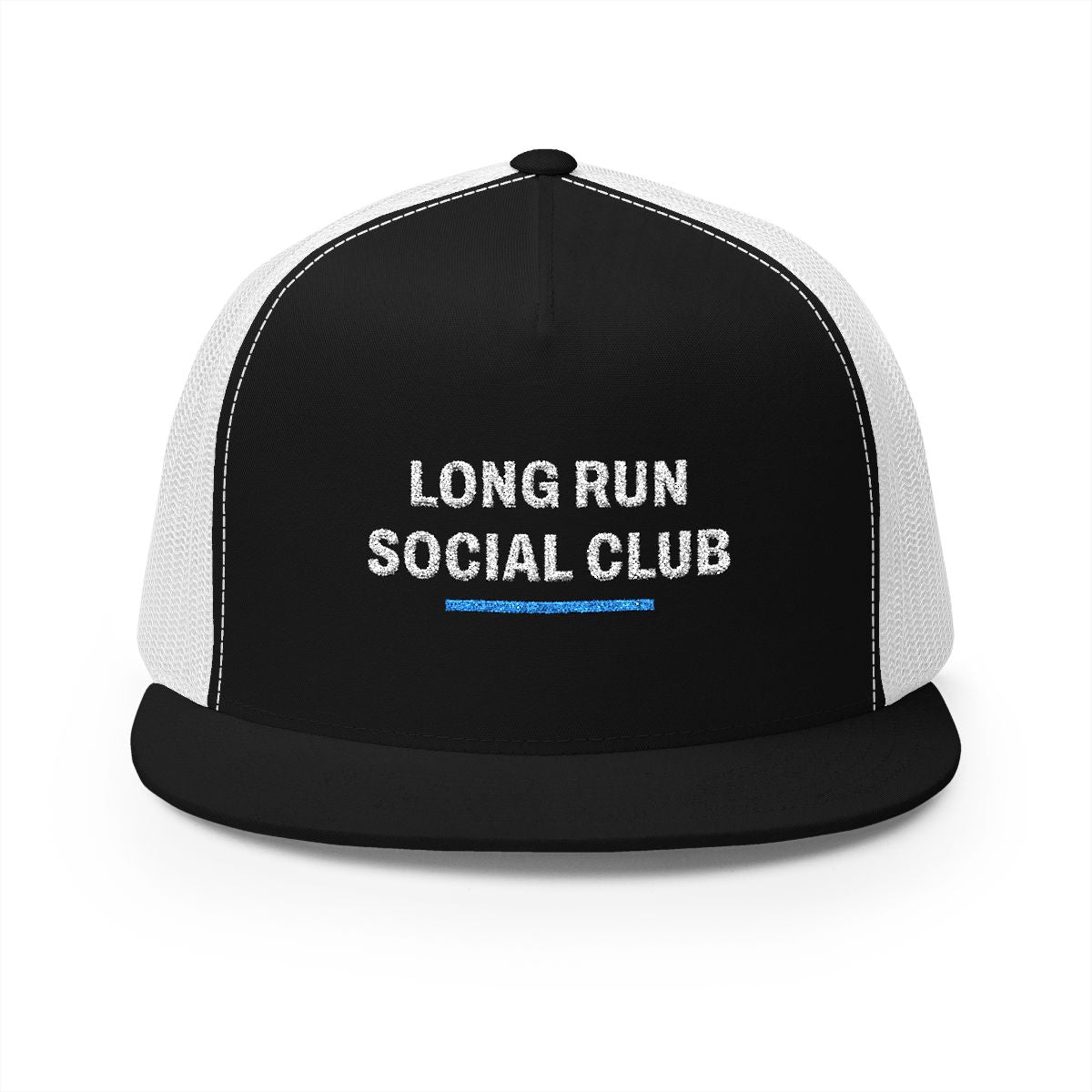 Long Run Social Club Trucker Cap in Black/White, front view