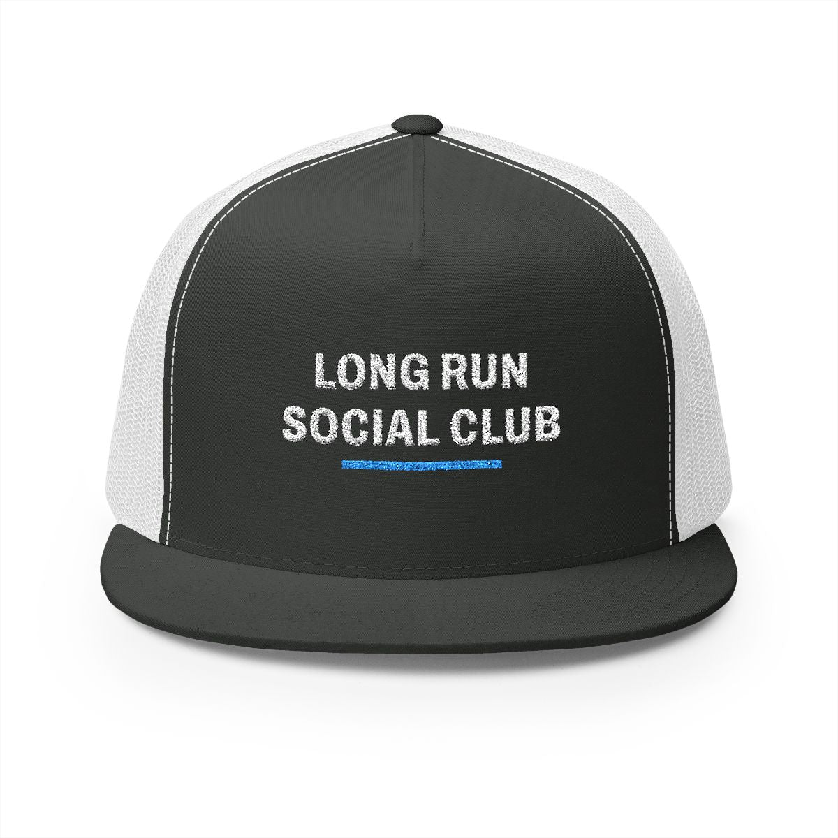 Long Run Social Club Trucker Cap in Charcoal/White, front view