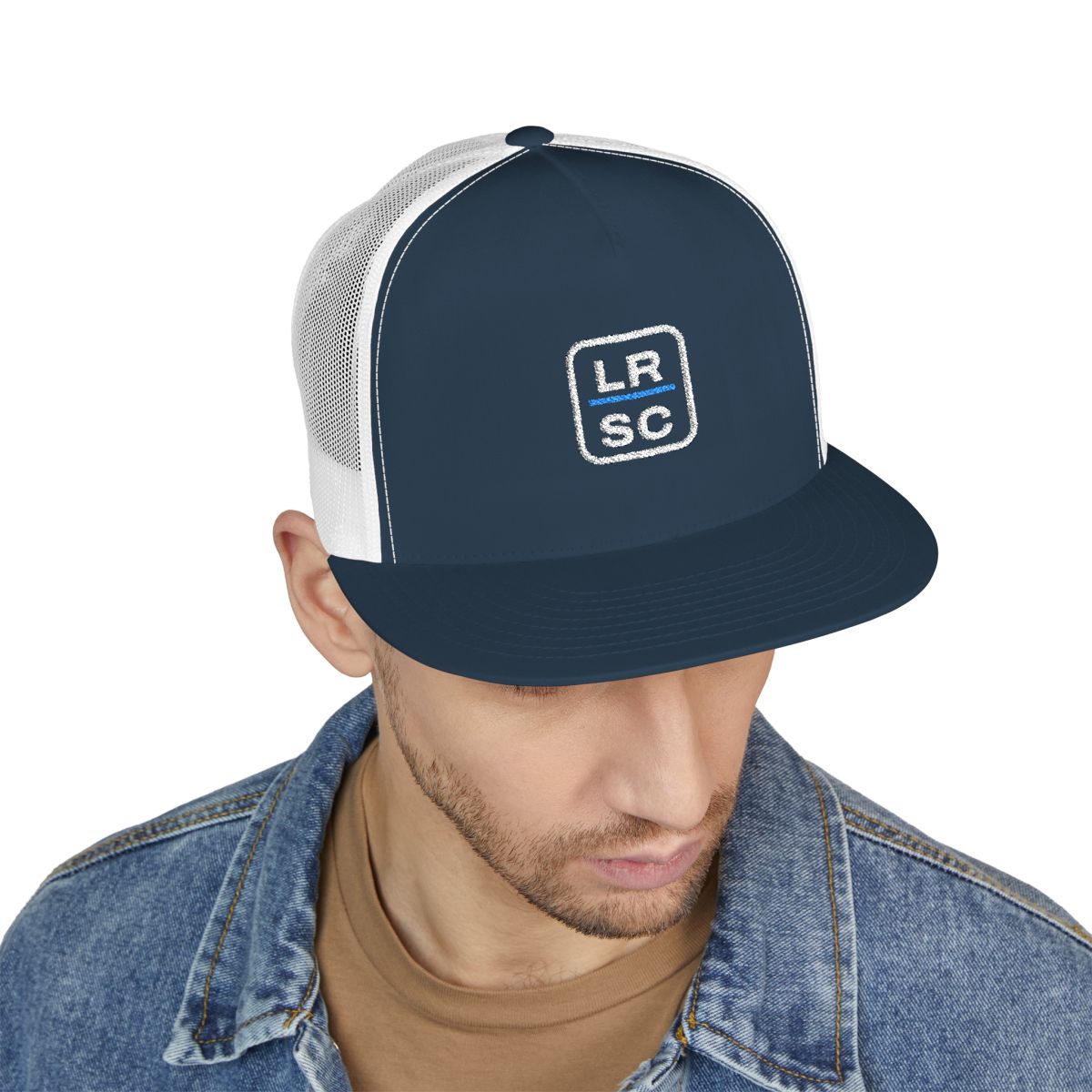 LRSC Monogram Trucker Cap in Navy/White, on model