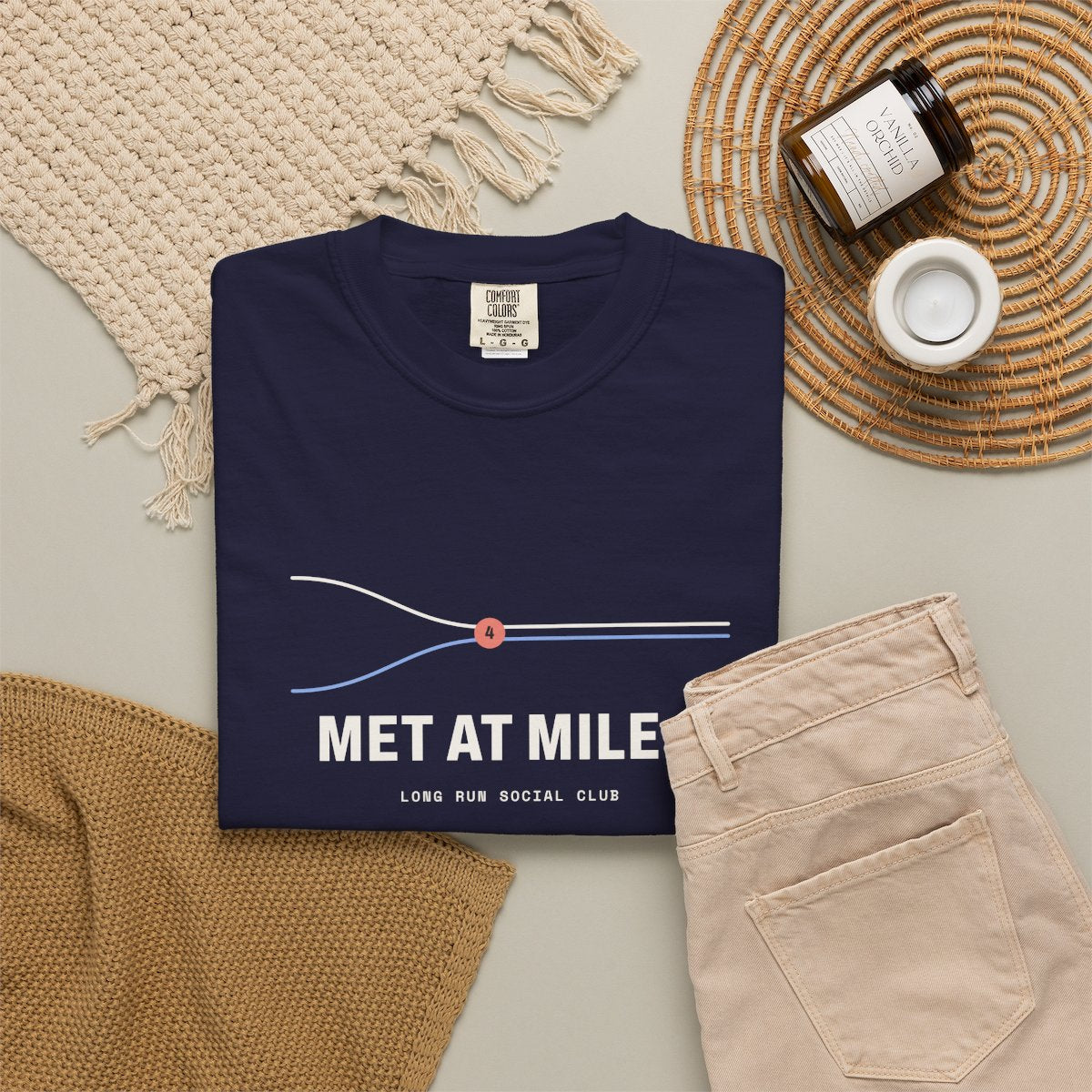 Met at Mile 4 Tee in True Navy, fabric and print detail