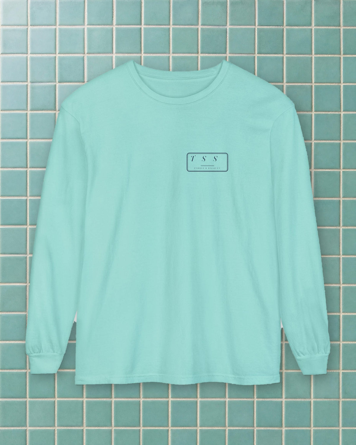 Monogram Shield Long Sleeve Tee in Chalky Mint, styled