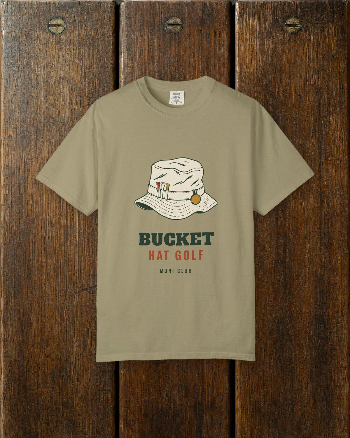 Bucket Hat Golf Tee in Khaki, styled