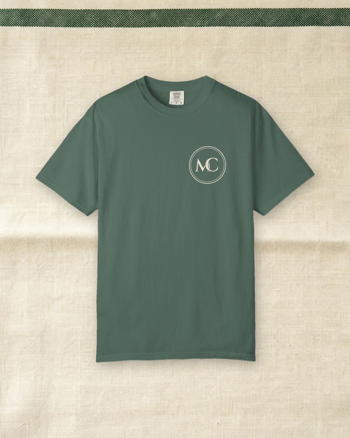 MC Chest Monogram Tee in Blue Spruce, styled