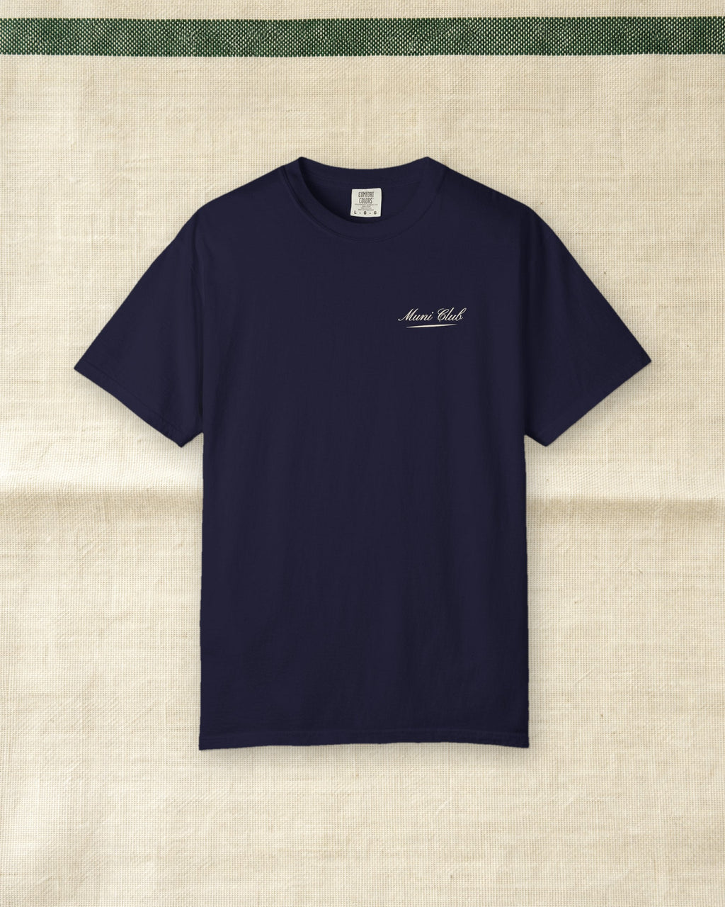 Script Chest Mark Tee in True Navy, styled