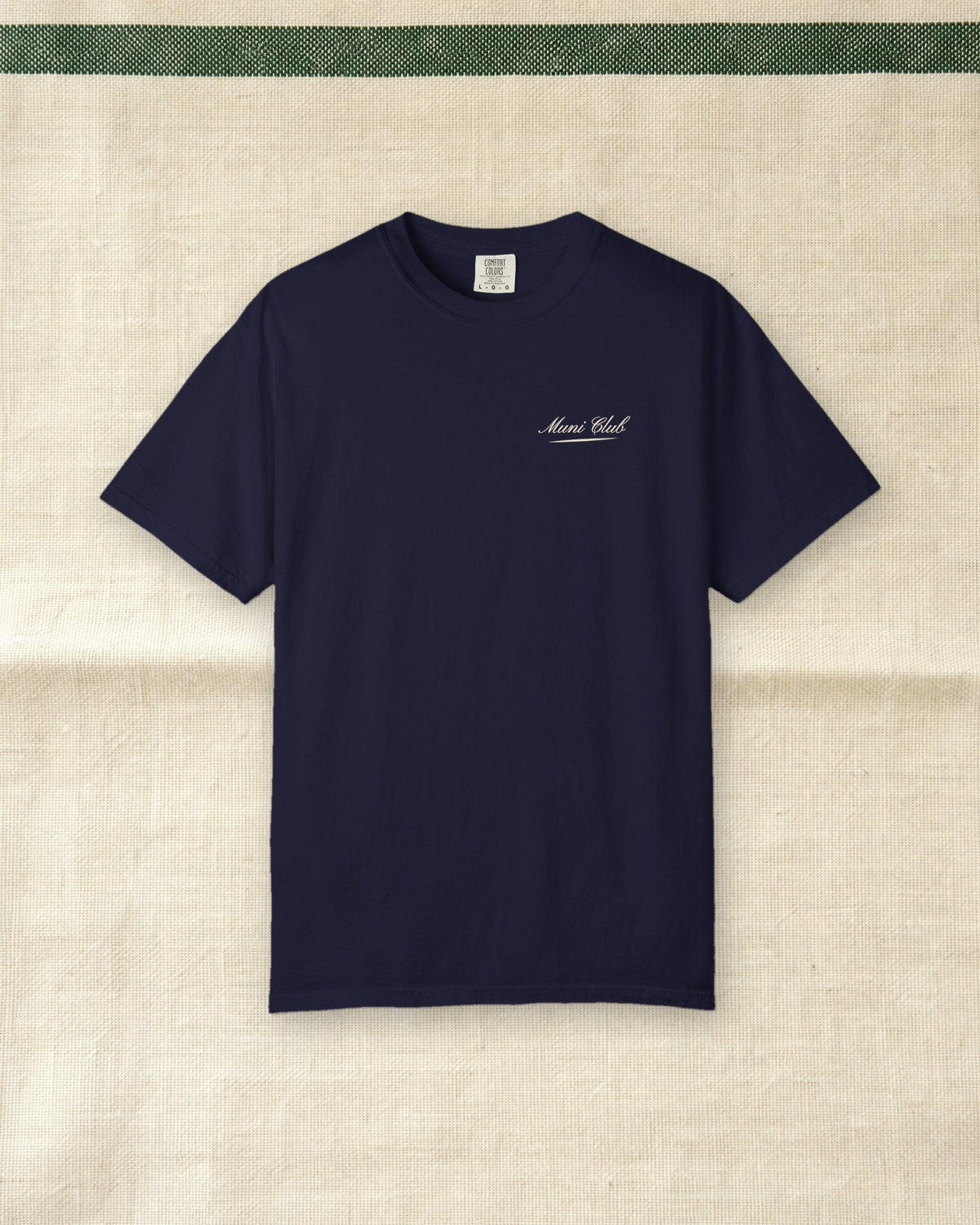 Script Chest Mark Tee in True Navy, styled