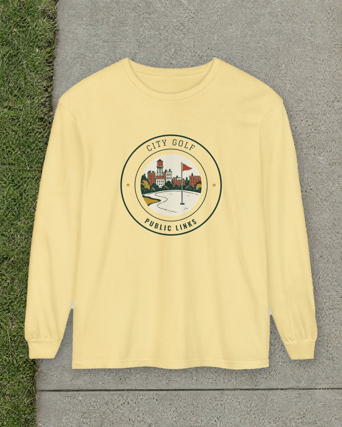 City Golf Long Sleeve Tee in Butter, styled