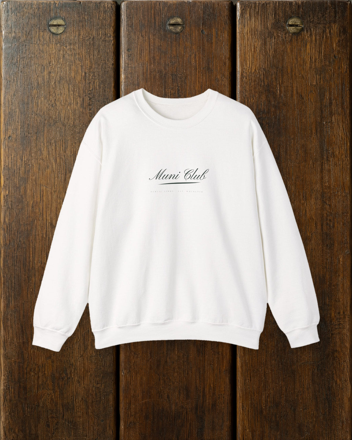 Muni Club Script Crewneck in White, styled