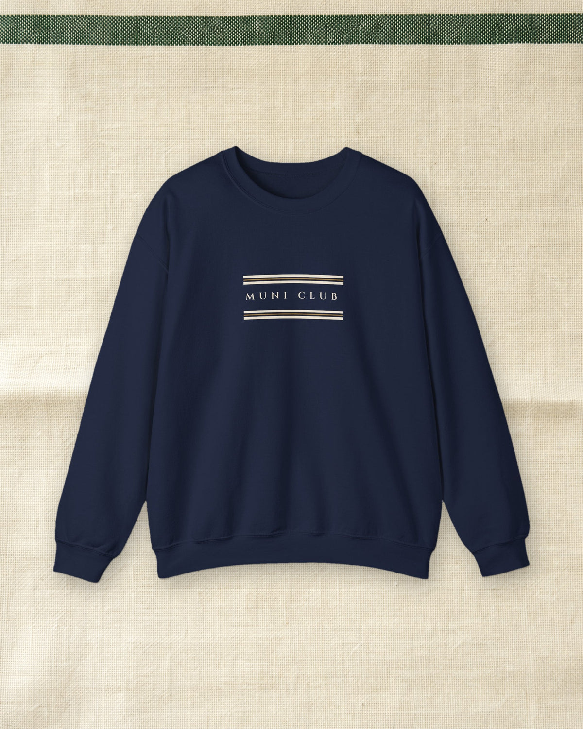 Club Stripe Crewneck in Navy, styled