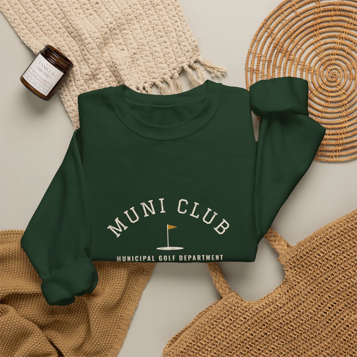 Muni Club Crewneck in Forest Green, fabric and print detail