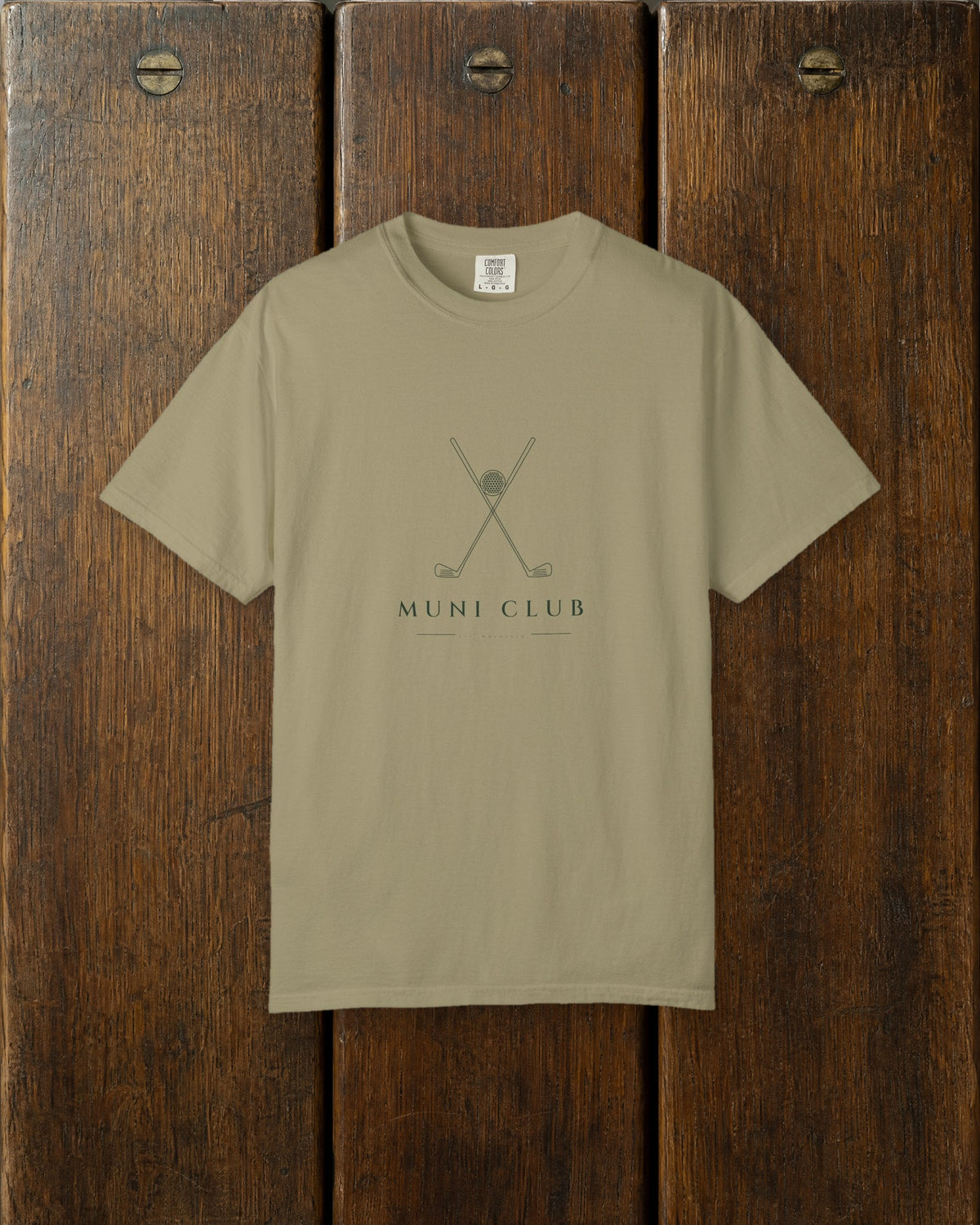 Crossed Irons Tee in Khaki, styled