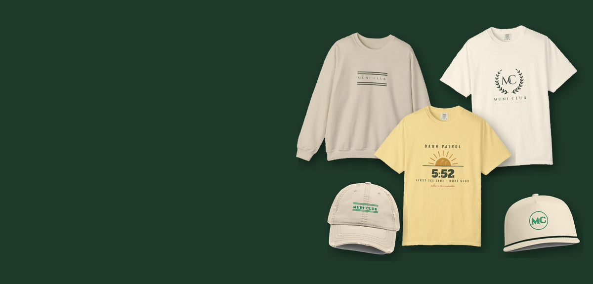 Muni Club hero: Club Stripe Crewneck in Sand, Laurel Tee in Ivory, Dawn Patrol Tee in Butter, Club Stripe Dad Hat in Khaki and MC Monogram Rope Cap in Ivory