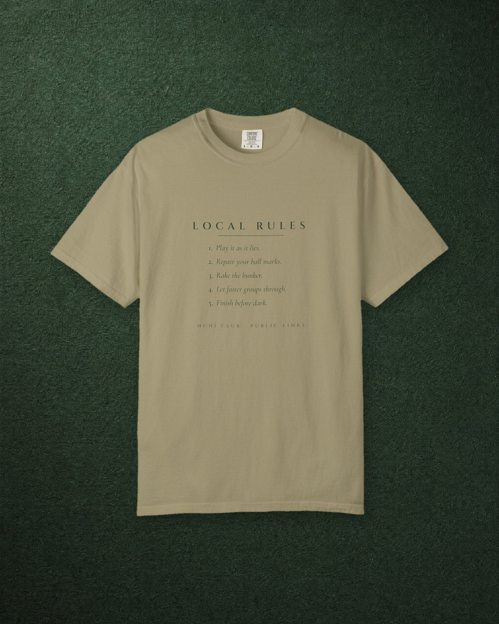 Local Rules Tee in Khaki, styled
