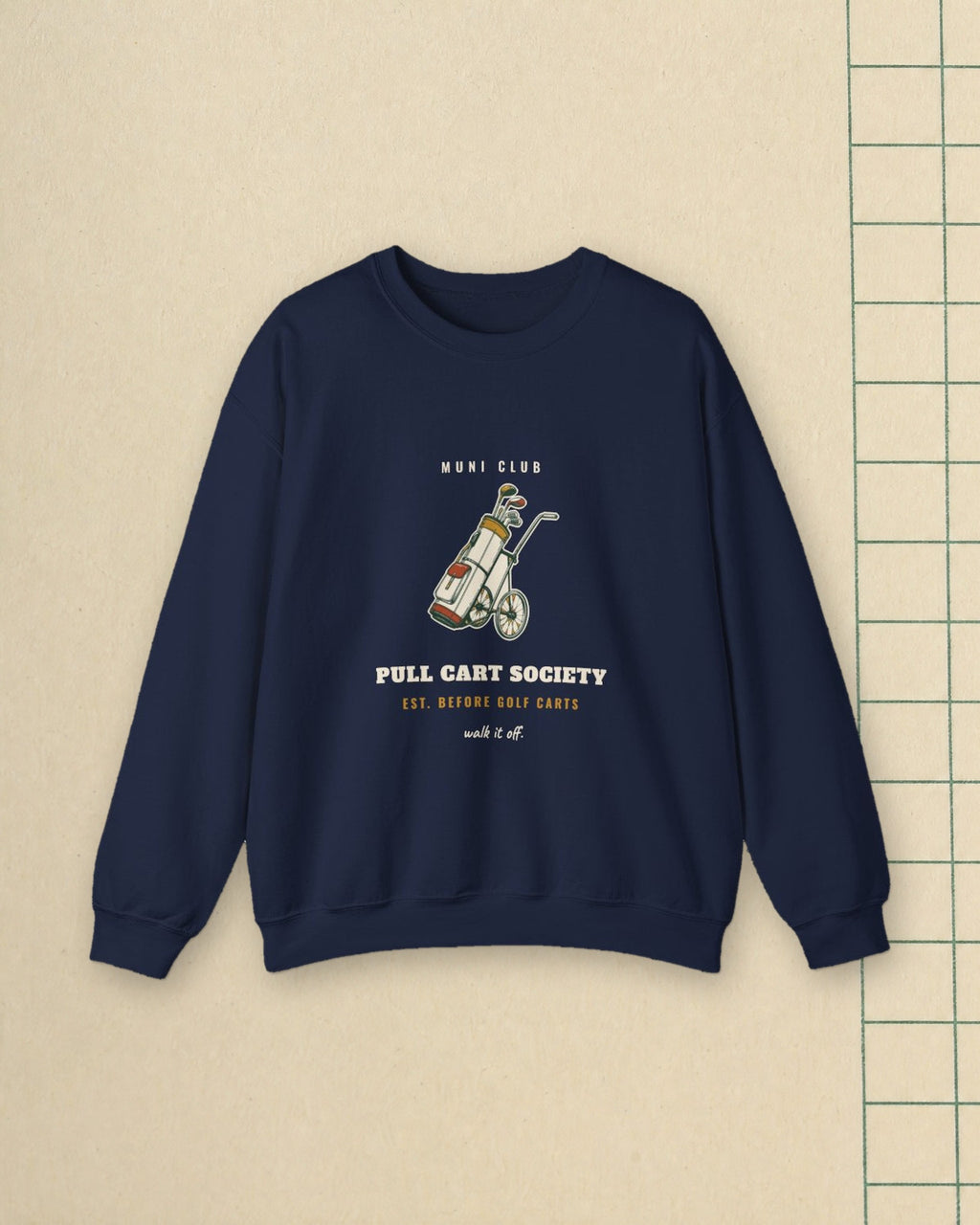 Pull Cart Society Crewneck in Navy, styled