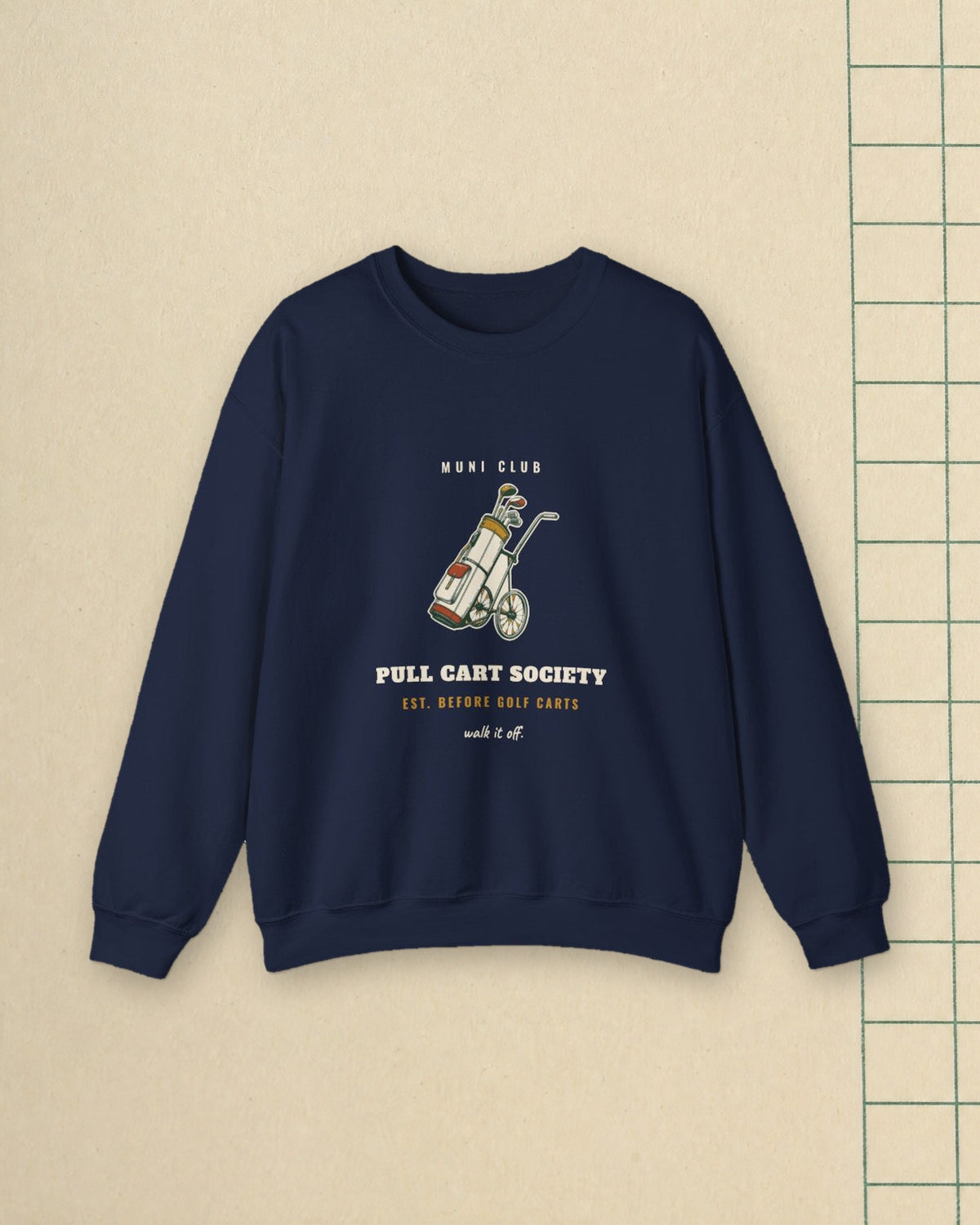 Pull Cart Society Crewneck in Navy, styled