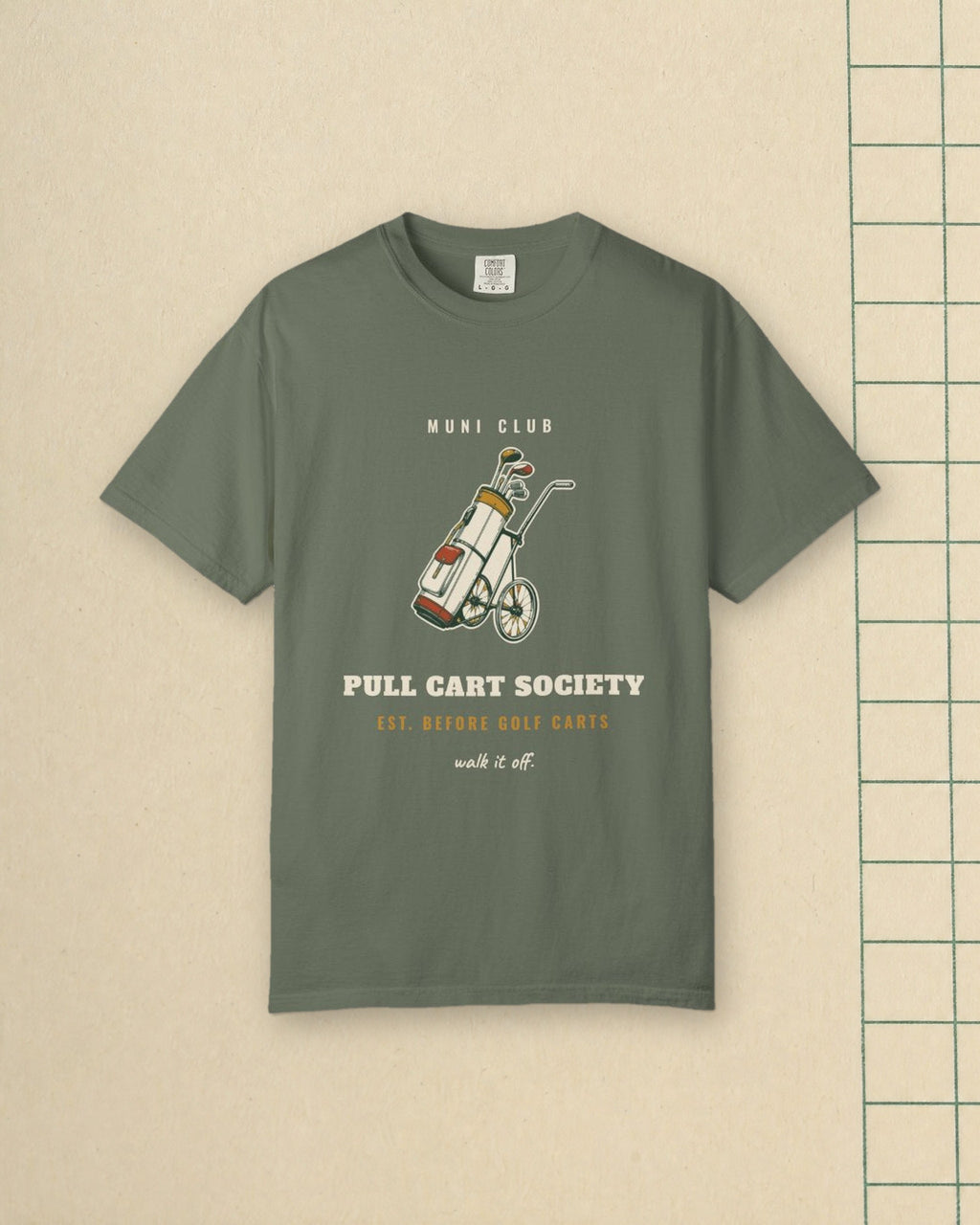 Pull Cart Society Tee in Moss, styled