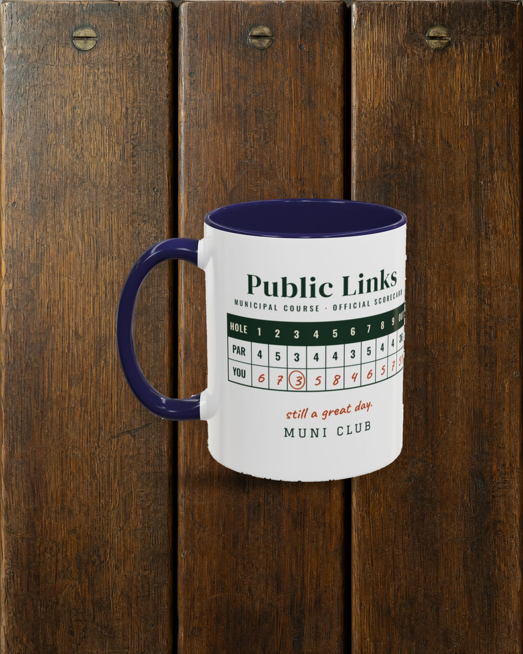 Public Links Scorecard Mug in Navy, styled