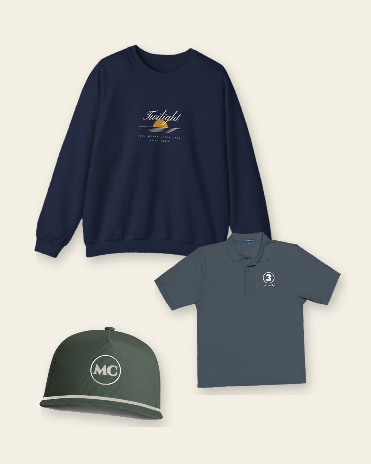 Muni Club collection: Twilight Crewneck in Navy, Three Putt A.C. Polo in Steel Grey and MC Monogram Rope Cap in Moss