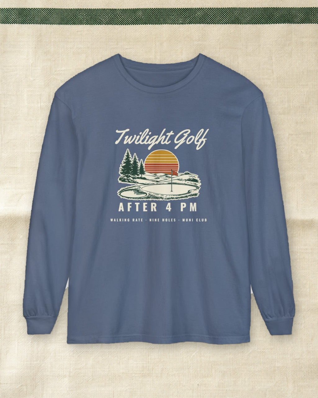 Twilight Golf Long Sleeve Tee in Blue Jean, styled