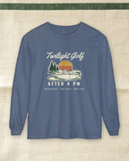 Twilight Golf Long Sleeve Tee in Blue Jean, styled