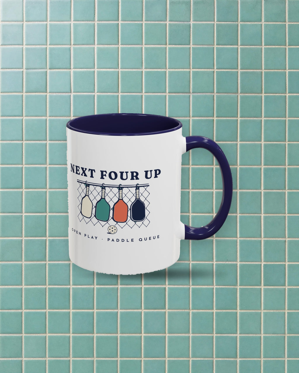 Next Four Up Mug in Navy, styled