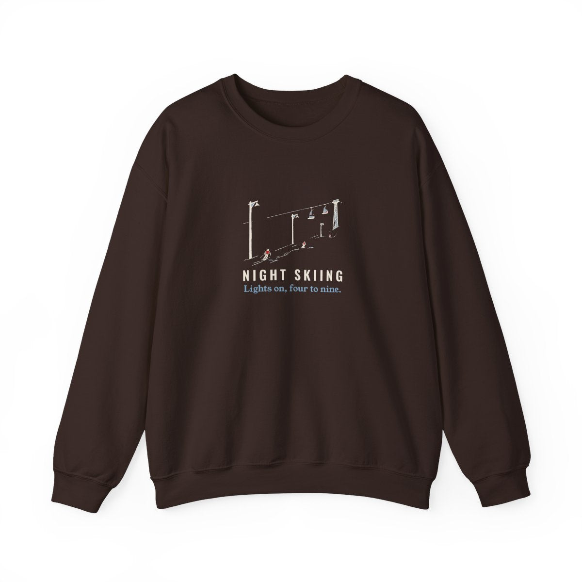 Night Skiing Crewneck in Dark Chocolate, front view