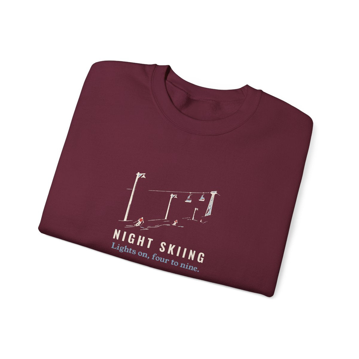 Night Skiing Crewneck in Maroon, folded