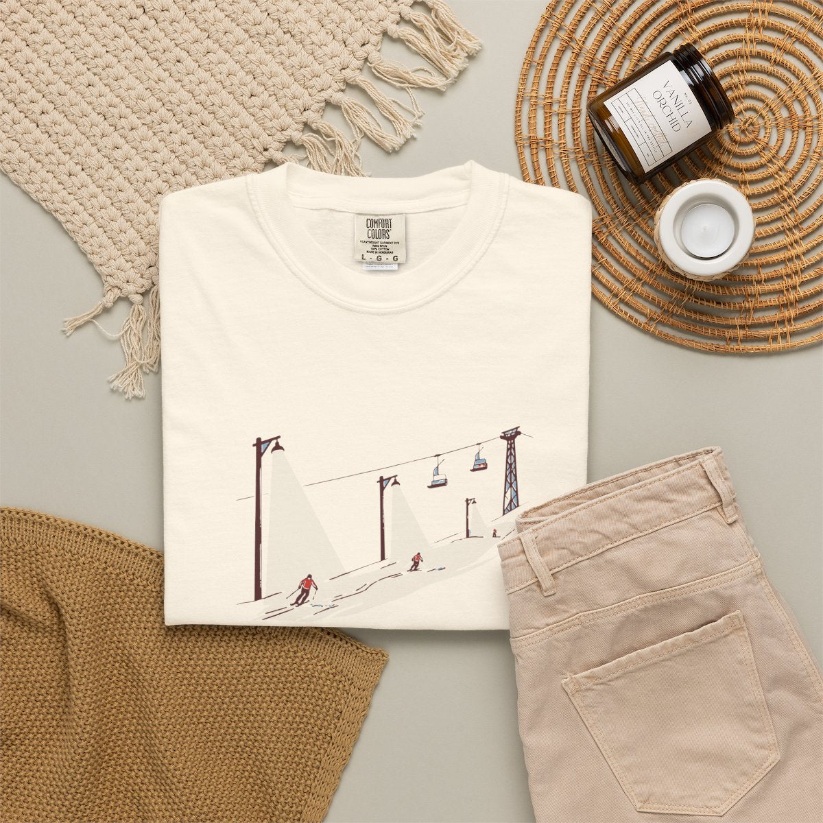 Night Skiing Tee in Ivory, fabric and print detail