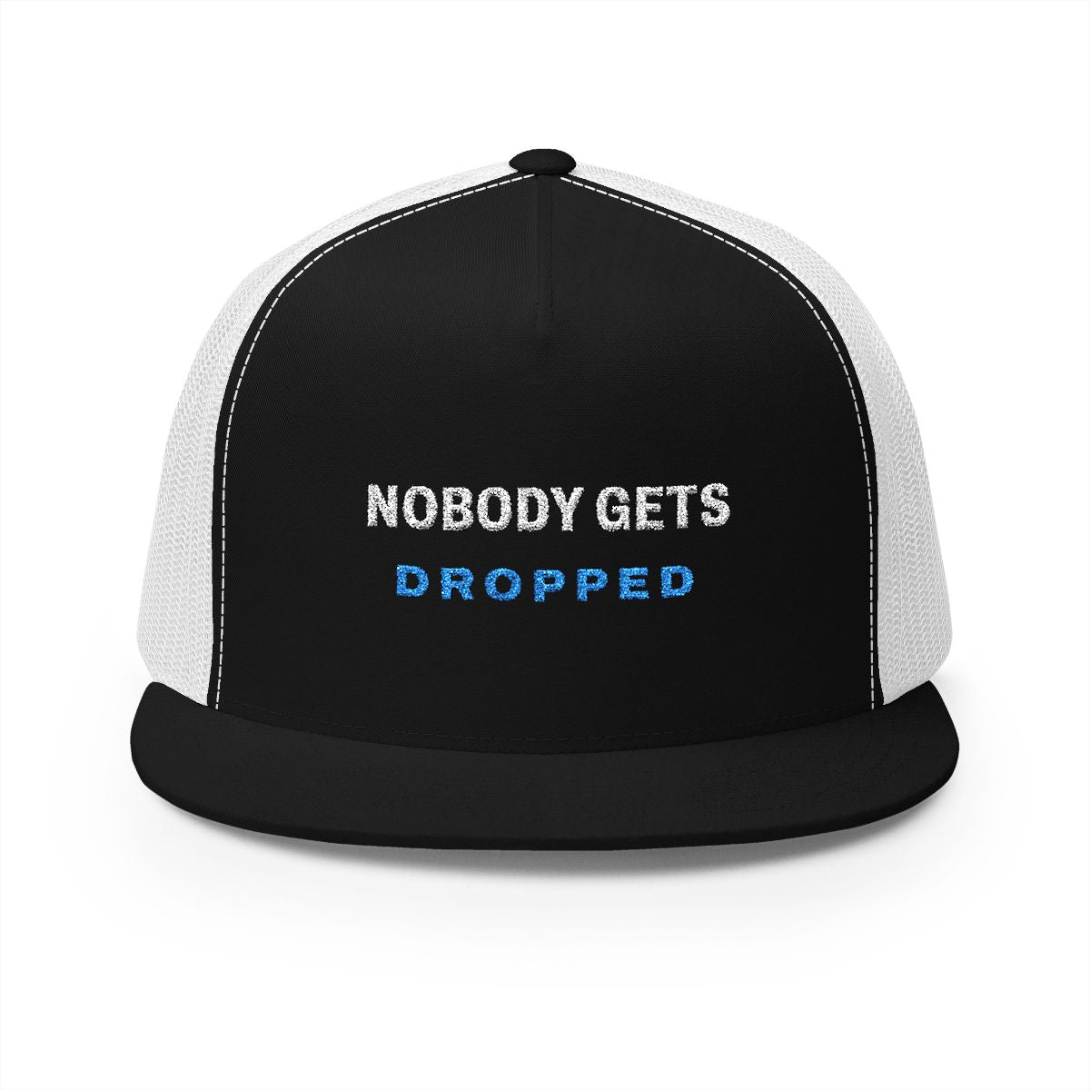 Nobody Gets Dropped Trucker Cap in Black/White, front view