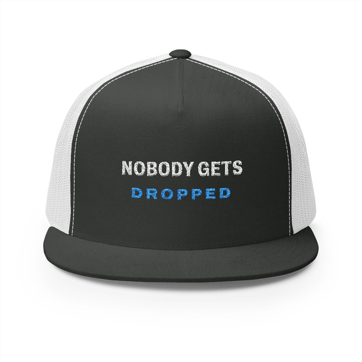 Nobody Gets Dropped Trucker Cap in Charcoal/White, front view