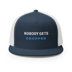 Nobody Gets Dropped Trucker Cap in Navy/White, front view