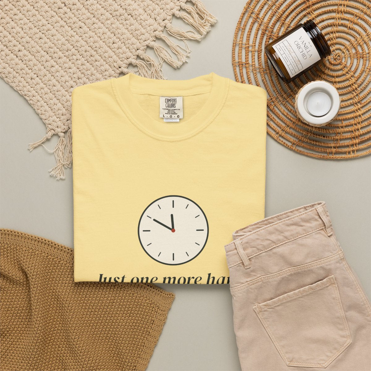One More Hand Tee in Butter, fabric and print detail