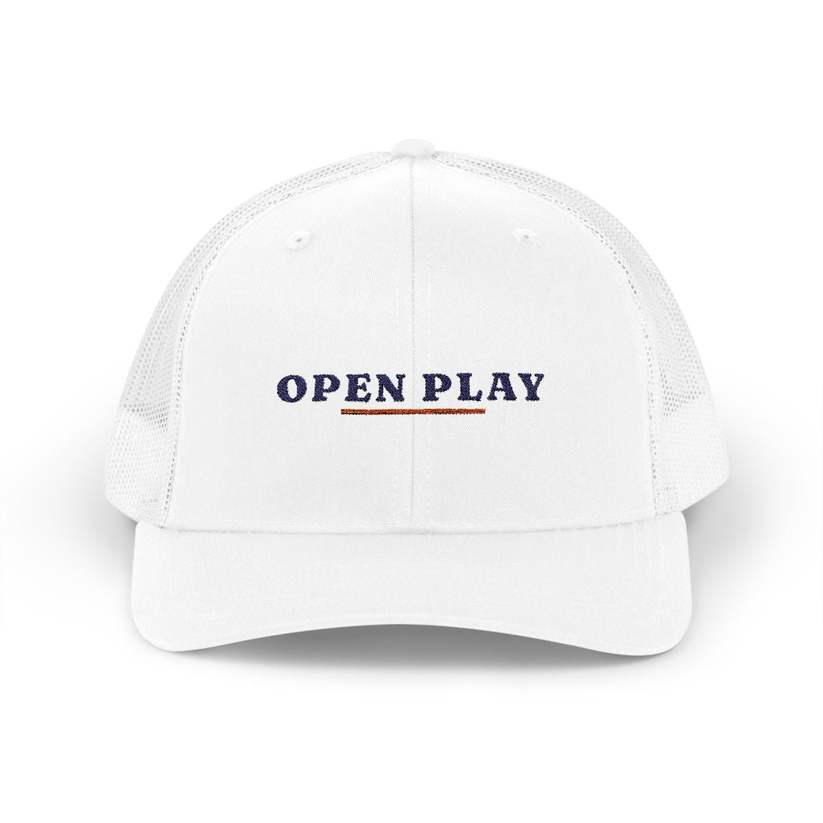 Open Play Trucker Hat in White, front view