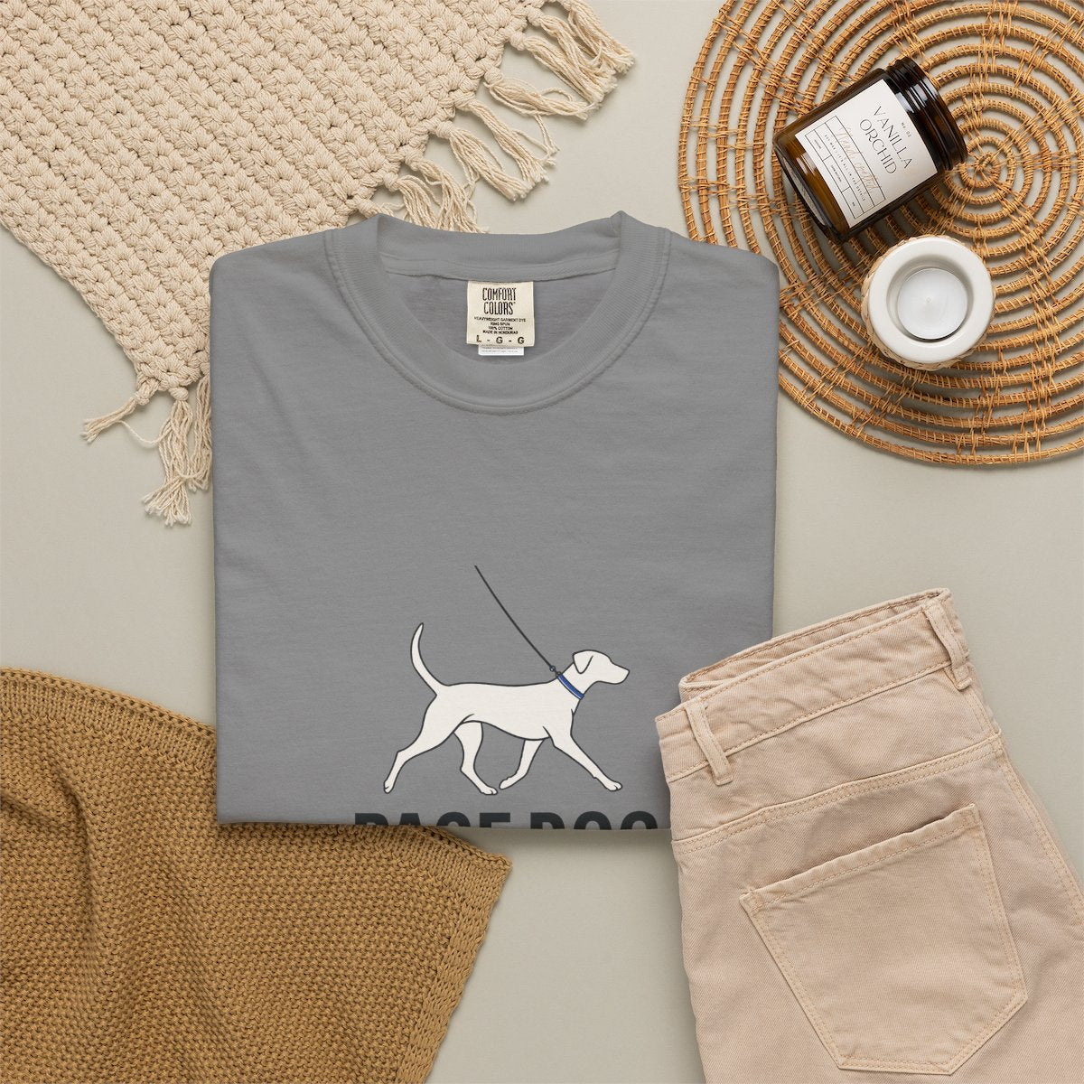 Pace Dog Tee in Grey, fabric and print detail