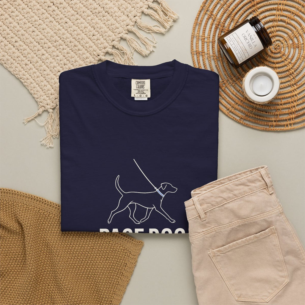 Pace Dog Tee in True Navy, fabric and print detail