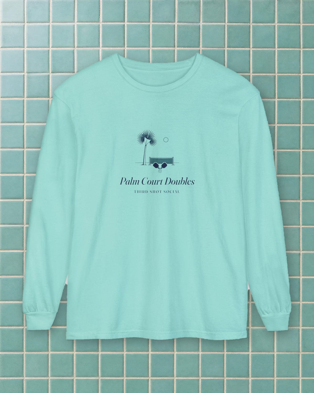 Palm Court Long Sleeve Tee in Chalky Mint, styled