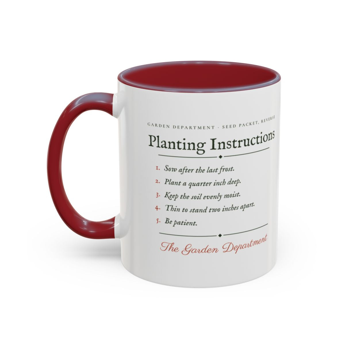 Planting Instructions Mug in Maroon, left side