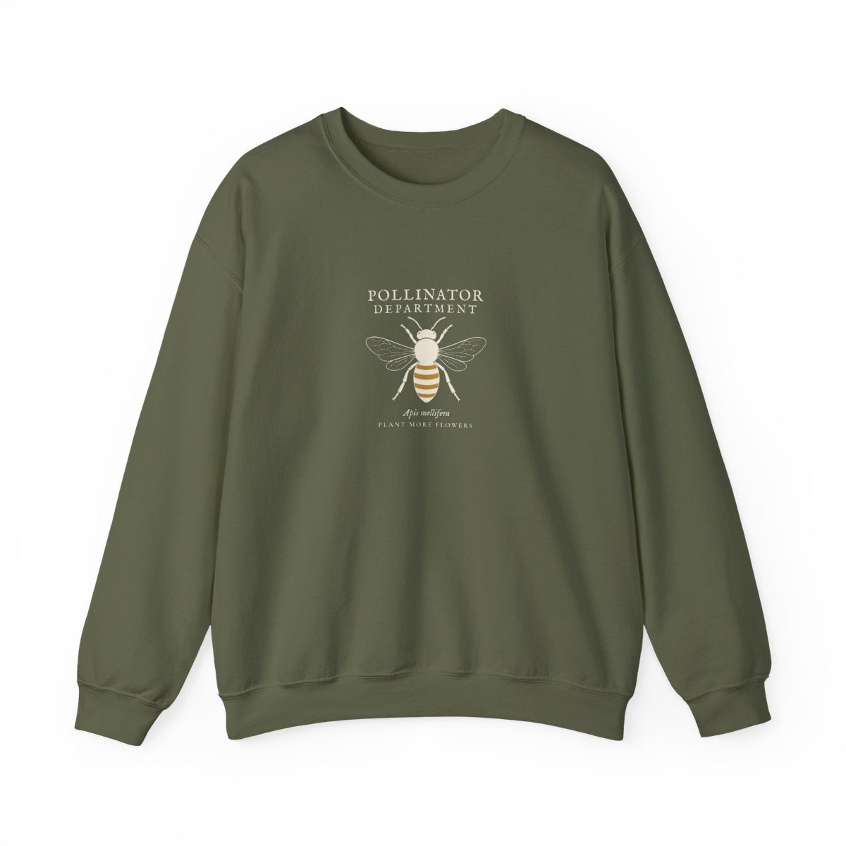 Pollinator Department Crewneck in Military Green, front view