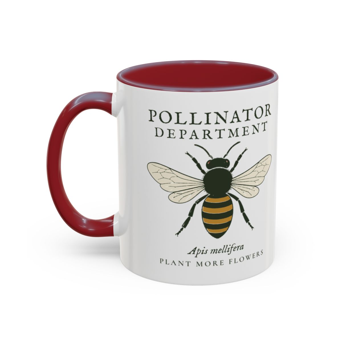 Pollinator Department Mug in Maroon, left side