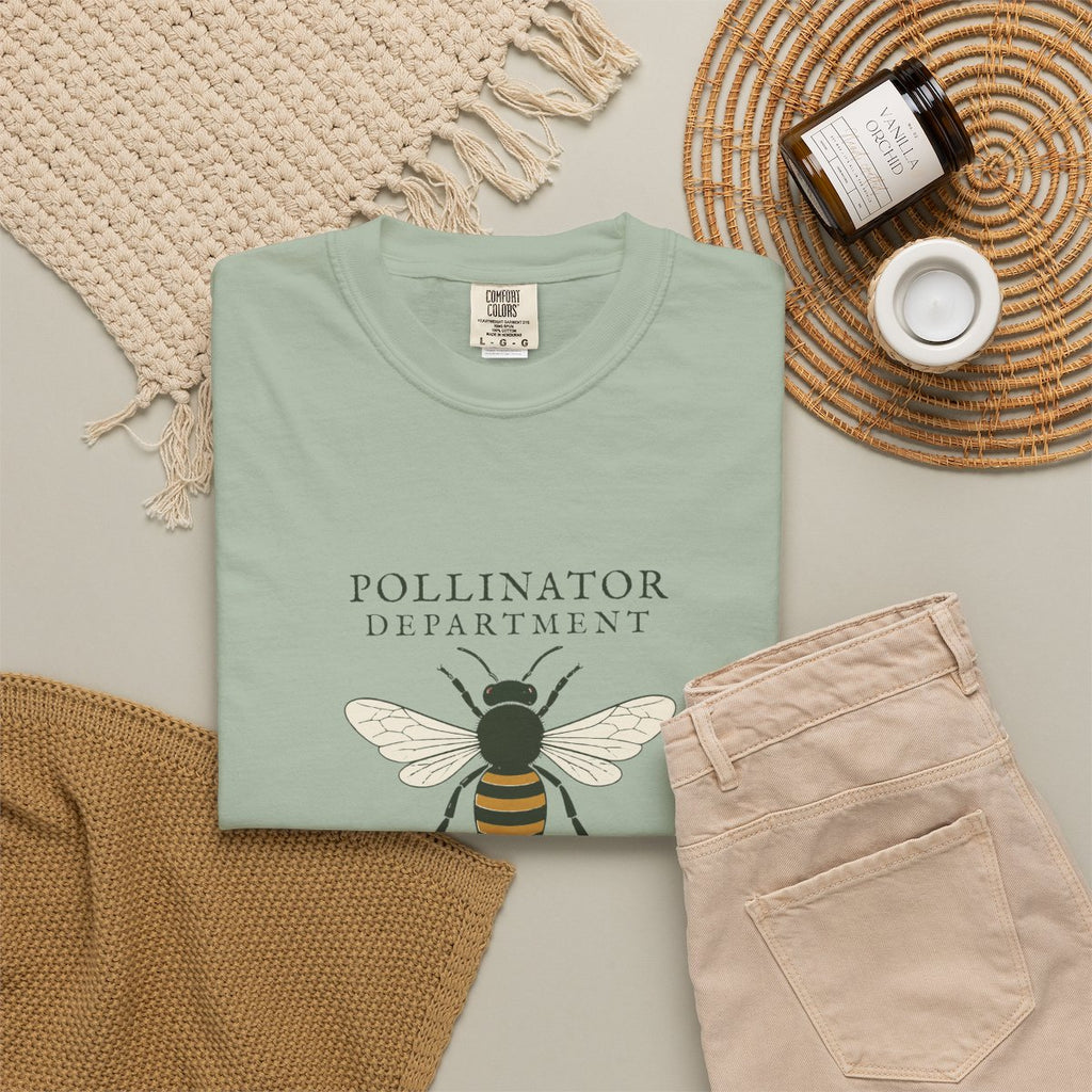 Pollinator Department Tee in Bay, fabric and print detail