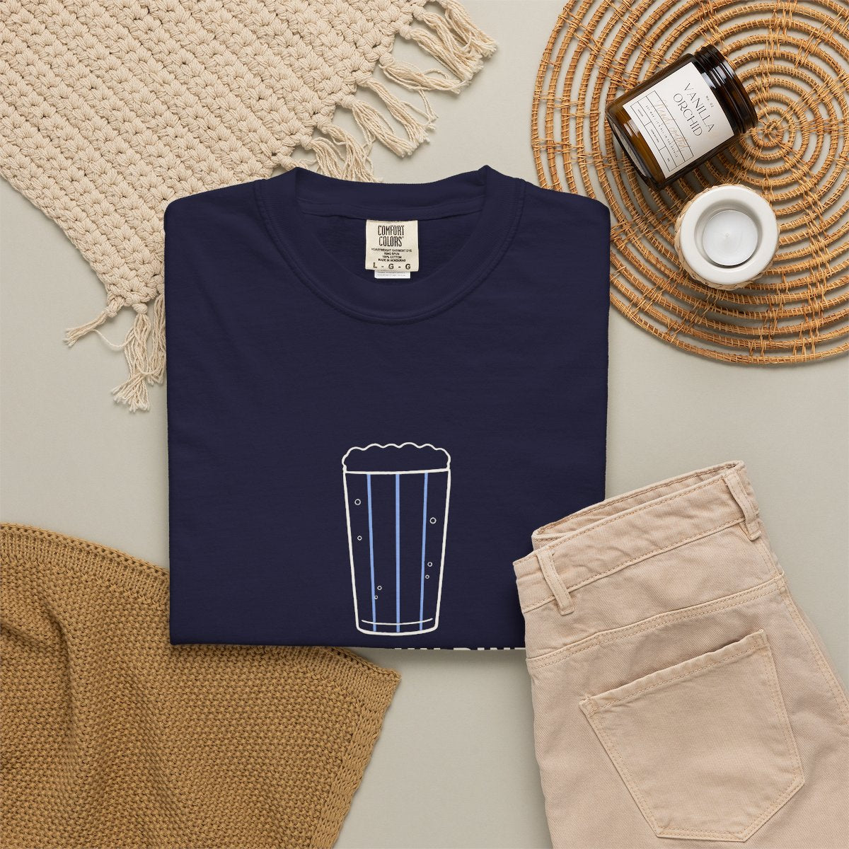 Post-Run Pint Society Tee in True Navy, fabric and print detail