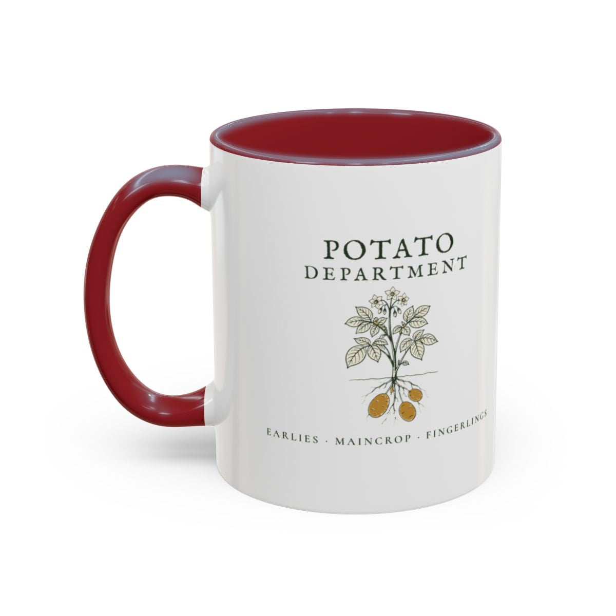 Potato Department Mug in Maroon, left side